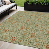 5' X 8' Green Copper And Sage Floral Washable Indoor Outdoor Area Rug