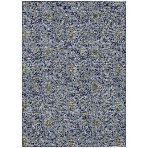 5' X 8' Denim Blue Navy Blue And Gray Floral Washable Indoor Outdoor Area Rug