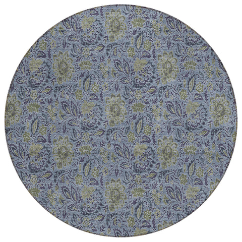 8' Denim Blue Navy Blue And Gray Round Floral Washable Indoor Outdoor Area Rug