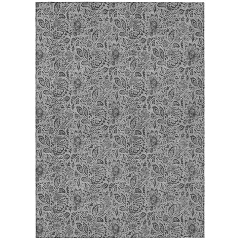 5' X 8' Gray Silver And Charcoal Floral Washable Indoor Outdoor Area Rug