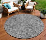 8' Gray Silver And Charcoal Round Floral Washable Indoor Outdoor Area Rug