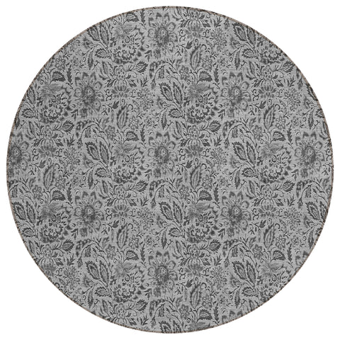 8' Gray Silver And Charcoal Round Floral Washable Indoor Outdoor Area Rug