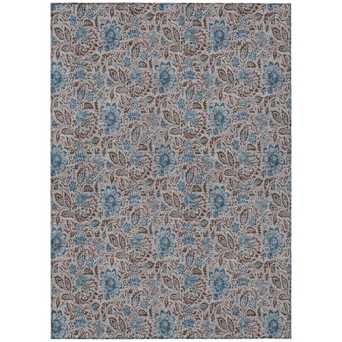 3' X 5' Brown And Blue Floral Washable Indoor Outdoor Area Rug