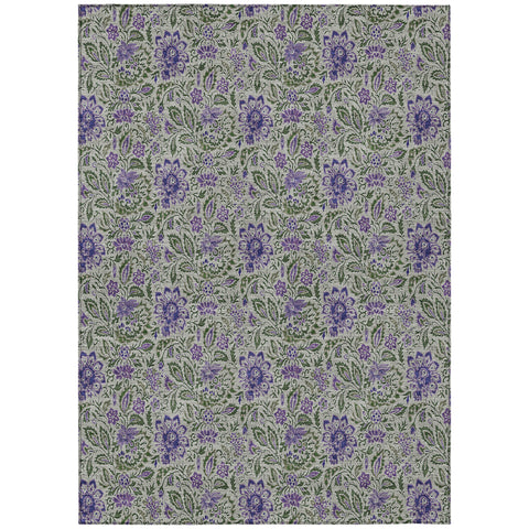 3' X 5' Olive Green Sage And Purple Floral Washable Indoor Outdoor Area Rug