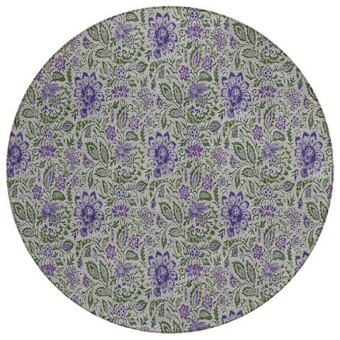 8' Olive Green Sage And Purple Round Floral Washable Indoor Outdoor Area Rug