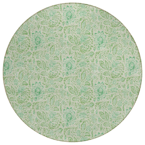 8' Sage And Artichoke Green Round Floral Washable Indoor Outdoor Area Rug