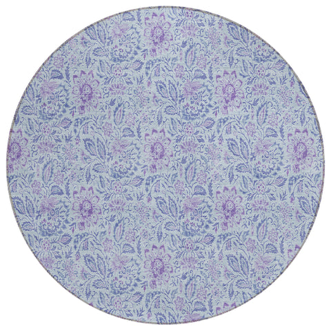 8' Sky Blue And Purple Round Floral Washable Indoor Outdoor Area Rug