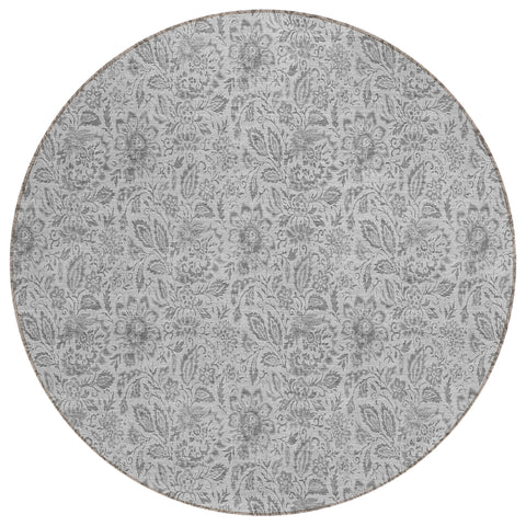 8' Silver Gray And Charcoal Round Floral Washable Indoor Outdoor Area Rug