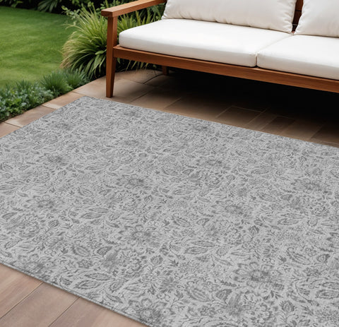 8' X 10' Silver Gray And Charcoal Floral Washable Indoor Outdoor Area Rug