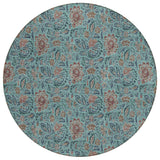 8' Teal Blue Brown And Taupe Round Floral Washable Indoor Outdoor Area Rug