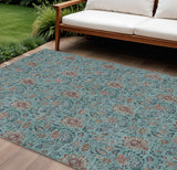 8' X 10' Teal Blue Brown And Taupe Floral Washable Indoor Outdoor Area Rug