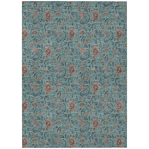 8' X 10' Teal Blue Brown And Taupe Floral Washable Indoor Outdoor Area Rug