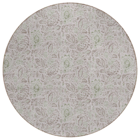 8' Taupe Beige And Brown Round Floral Washable Indoor Outdoor Area Rug