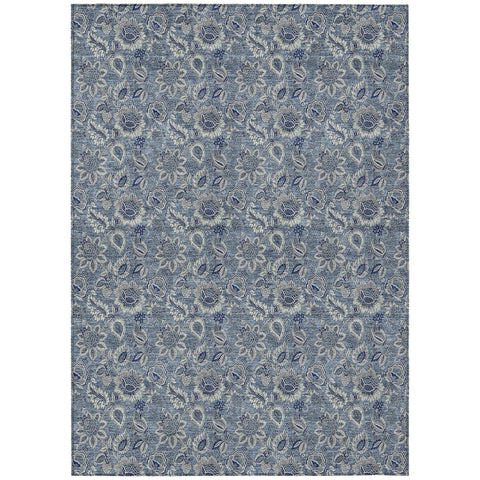 5' X 8' Denim Blue And Navy Blue Floral Washable Indoor Outdoor Area Rug