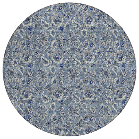 8' Denim Blue And Navy Blue Round Floral Washable Indoor Outdoor Area Rug