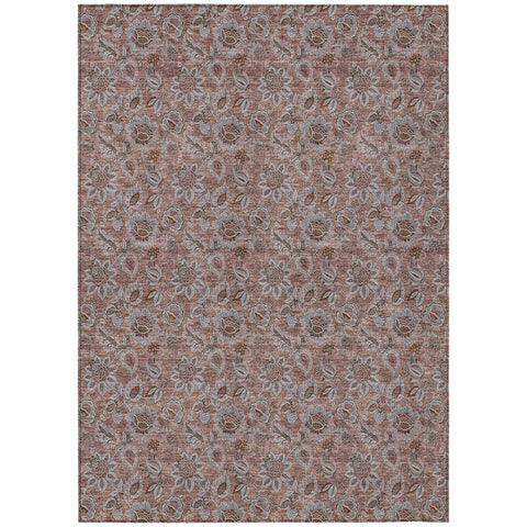 5' X 8' Copper Gray And Silver Floral Washable Indoor Outdoor Area Rug