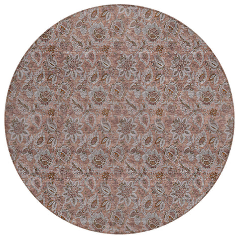 8' Copper Gray And Silver Round Floral Washable Indoor Outdoor Area Rug