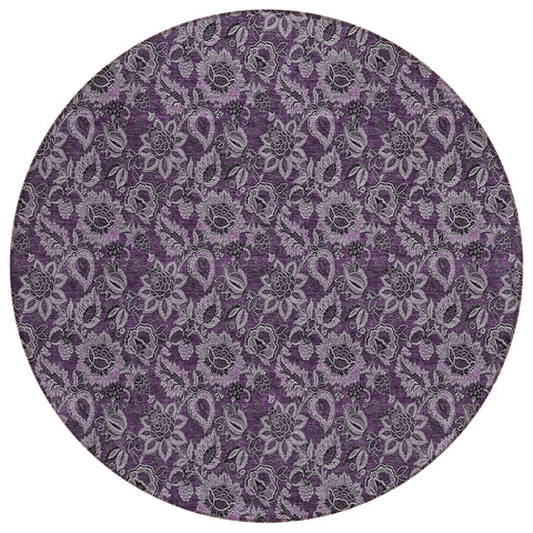 8' Eggplant Purple And Lilac Round Floral Washable Indoor Outdoor Area Rug