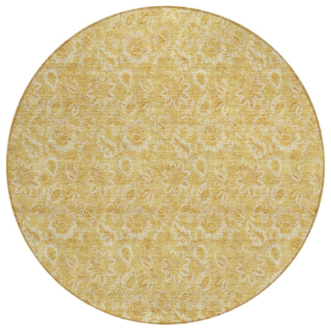 8' Gold And Wheat Round Floral Washable Indoor Outdoor Area Rug