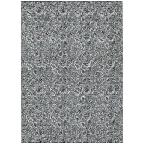 5' X 8' Gray Silver And Charcoal Floral Washable Indoor Outdoor Area Rug
