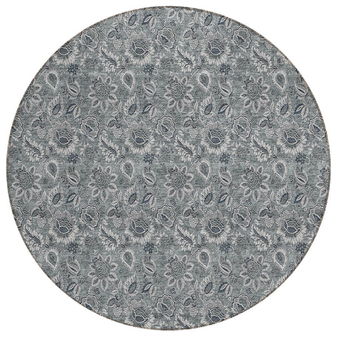 8' Gray Silver And Charcoal Round Floral Washable Indoor Outdoor Area Rug