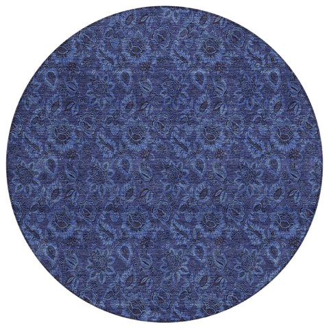 8' Navy Blue And Charcoal Round Floral Washable Indoor Outdoor Area Rug