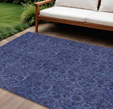 8' X 10' Navy Blue And Charcoal Floral Washable Indoor Outdoor Area Rug