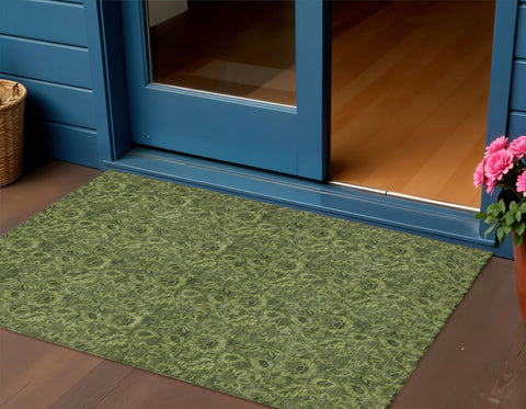 3' X 5' Olive Green And Fern Green Floral Washable Indoor Outdoor Area Rug