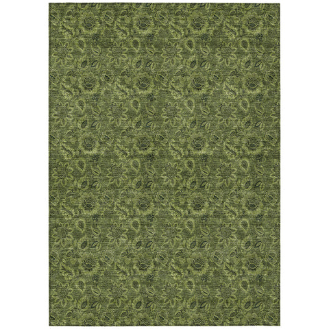 3' X 5' Olive Green And Fern Green Floral Washable Indoor Outdoor Area Rug