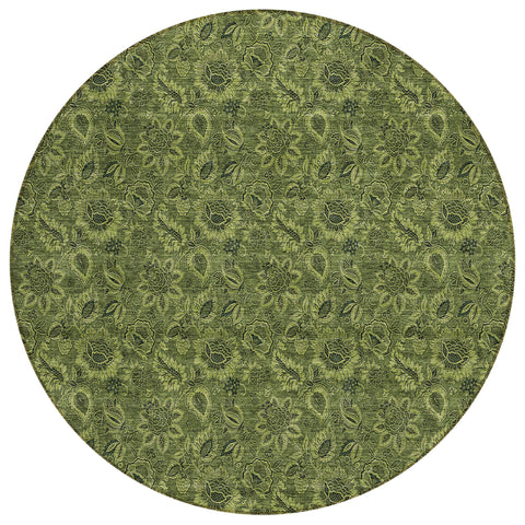 8' Olive Green And Fern Green Round Floral Washable Indoor Outdoor Area Rug