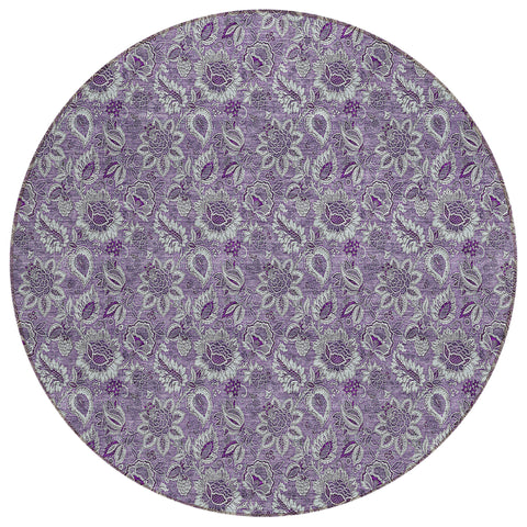 8' Purple Lilac And Lavender Round Floral Washable Indoor Outdoor Area Rug