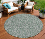 8' Sage Green And Silver Round Floral Washable Indoor Outdoor Area Rug