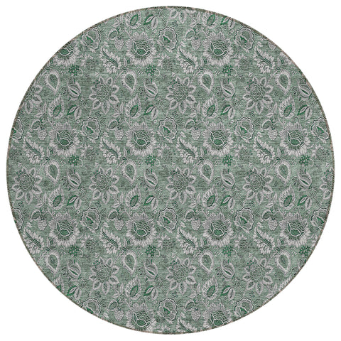 8' Sage Green And Silver Round Floral Washable Indoor Outdoor Area Rug