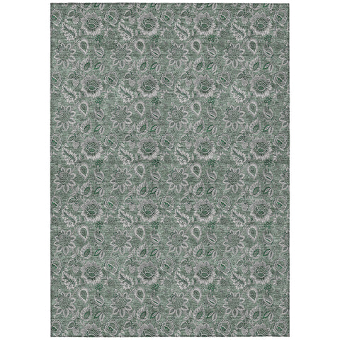 8' X 10' Sage Green And Silver Floral Washable Indoor Outdoor Area Rug