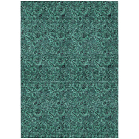 5' X 8' Teal Blue Green And Charcoal Floral Washable Indoor Outdoor Area Rug