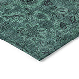 8' Teal Blue Green And Charcoal Round Floral Washable Indoor Outdoor Area Rug