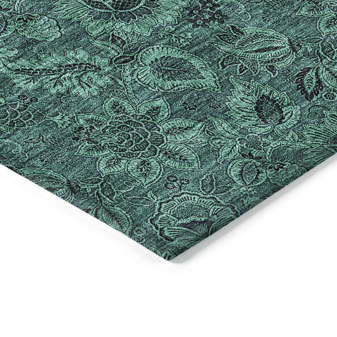 8' Teal Blue Green And Charcoal Round Floral Washable Indoor Outdoor Area Rug