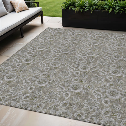 5' X 8' Taupe Brown And Beige Floral Washable Indoor Outdoor Area Rug