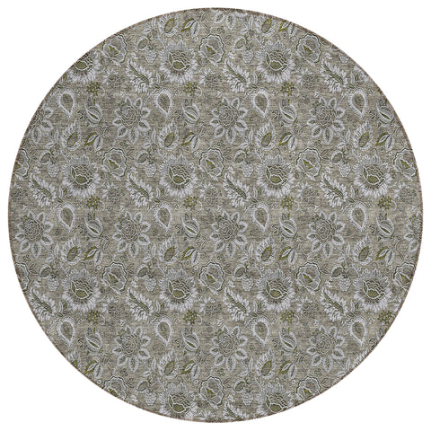 8' Taupe Brown And Beige Round Floral Washable Indoor Outdoor Area Rug