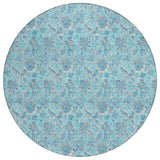 8' Aqua Blue And Silver Round Floral Washable Indoor Outdoor Area Rug
