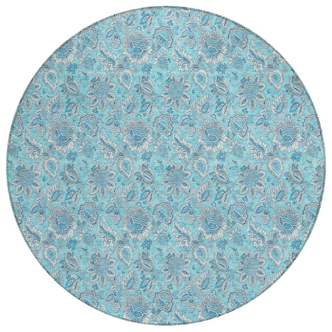 8' Aqua Blue And Silver Round Floral Washable Indoor Outdoor Area Rug
