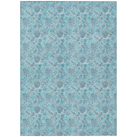 8' X 10' Aqua Blue And Silver Floral Washable Indoor Outdoor Area Rug