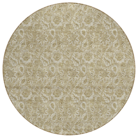 8' Beige Taupe And Brown Round Floral Washable Indoor Outdoor Area Rug