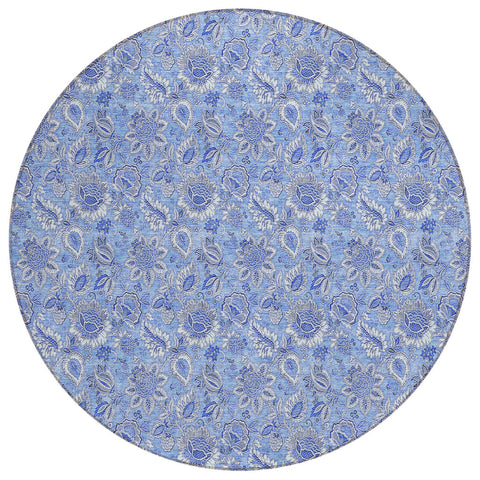 8' Navy Blue And Denim Blue Round Floral Washable Indoor Outdoor Area Rug