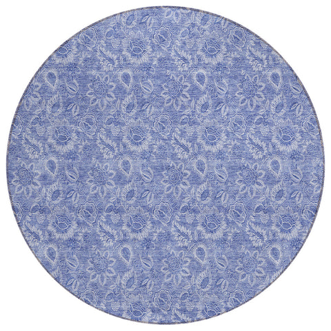 8' Denim Blue And Navy Blue Round Floral Washable Indoor Outdoor Area Rug