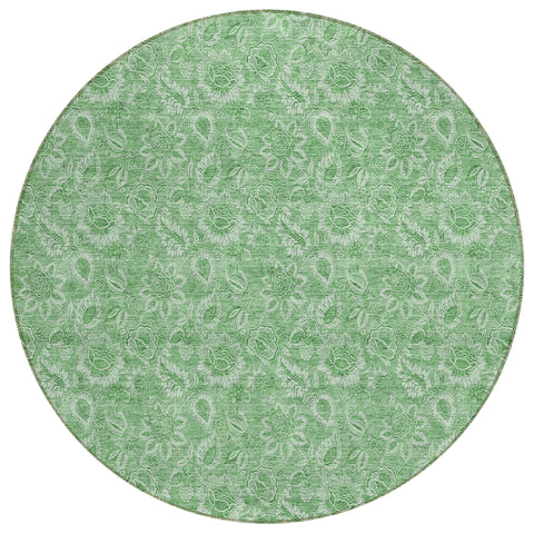 8' Green And Artichoke Green Round Floral Washable Indoor Outdoor Area Rug
