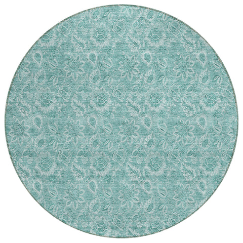 8' Teal Blue And Aqua Round Floral Washable Indoor Outdoor Area Rug