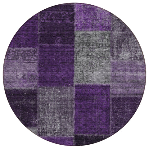 8' Eggplant Purple And Lilac Round Patchwork Washable Indoor Outdoor Area Rug