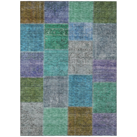 8' X 10' Green Navy Blue And Gray Patchwork Washable Indoor Outdoor Area Rug