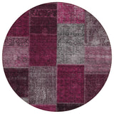 8' Merlot Burgundy And Gray Round Patchwork Washable Indoor Outdoor Area Rug